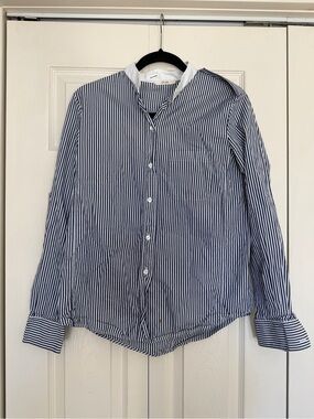 CELINE Striped Button-Up Shirt in Navy and White